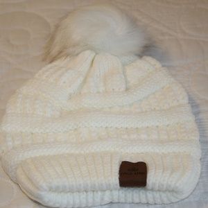 Women's Adult Cream Beanie Faux Fur Pom Pom